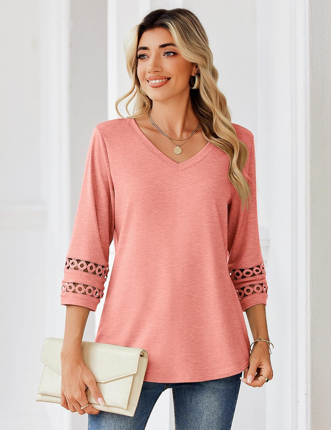 Zeagoo 3/4 Length Sleeve Womens Tops V Neck Dressy Casual Blouses Trendy Eyelet T Shirts Work Clothes S-XXL - Image 3