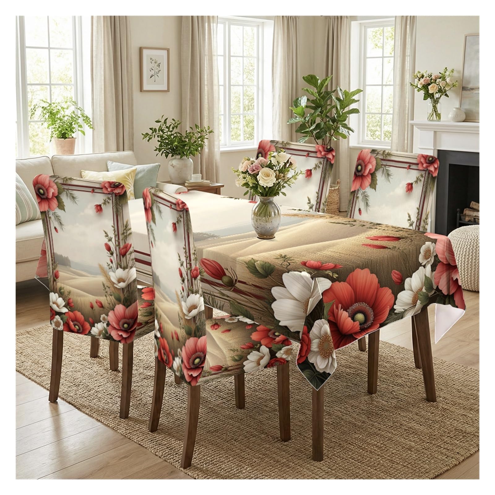 KXUAUV French Country Poppy Floral Print Stretch Chair Covers & Tablecloth Set, For Farmhouse Kitchen Dining Room Holiday Decor, 5/7 Pack Party Decor(5pcs Set: Tablecloth+Chair Covers)