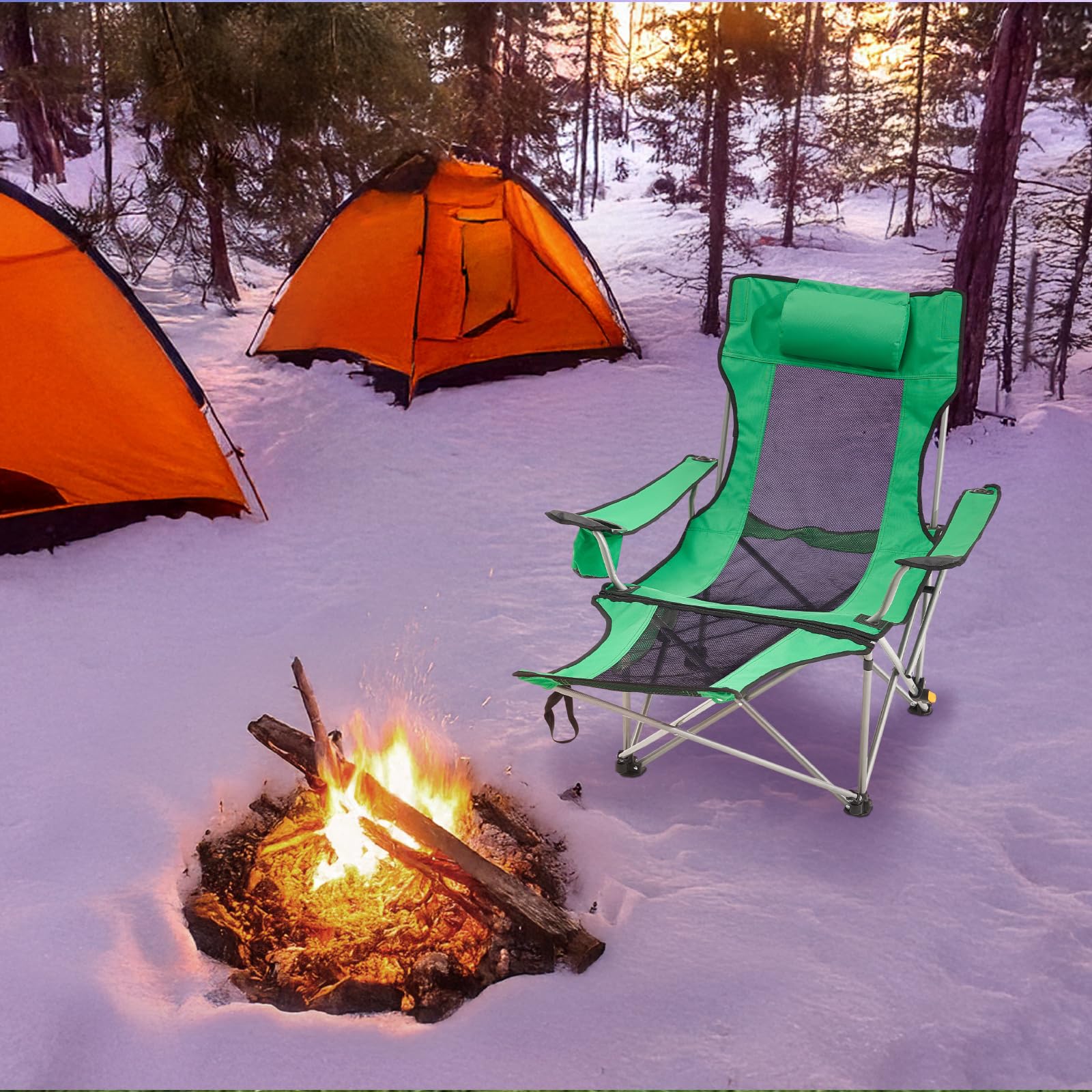 VEVOR Silla de Camping Reclinable Portátil 1530 x 830 x 730 mm Carga de 149,69 kg, Silla de Camping Plegable con Reposapiés, Portavasos, Bolsillo Lateral y Reposacabezas para Camping, Pesca, Verde