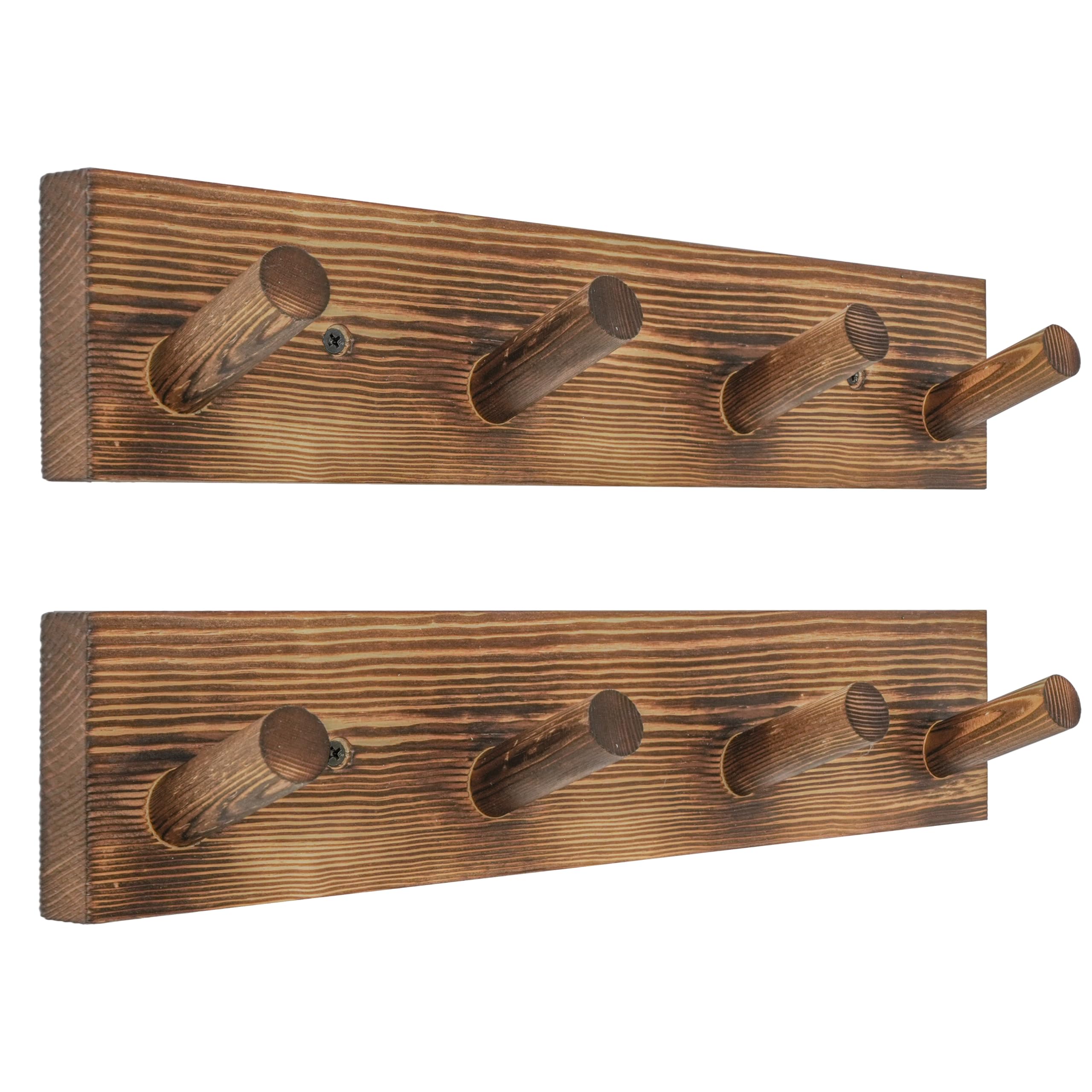 SKOLOO Wooden Coat Rack Wall Mount, Solid Pine Wood Coat Hooks with 4 Hooks, Pack of 2, Shaker Style Wall-Mounted Coat Hanger for Entryway, Hallway, Bathroom, Modern Minimalist, Wood Brown