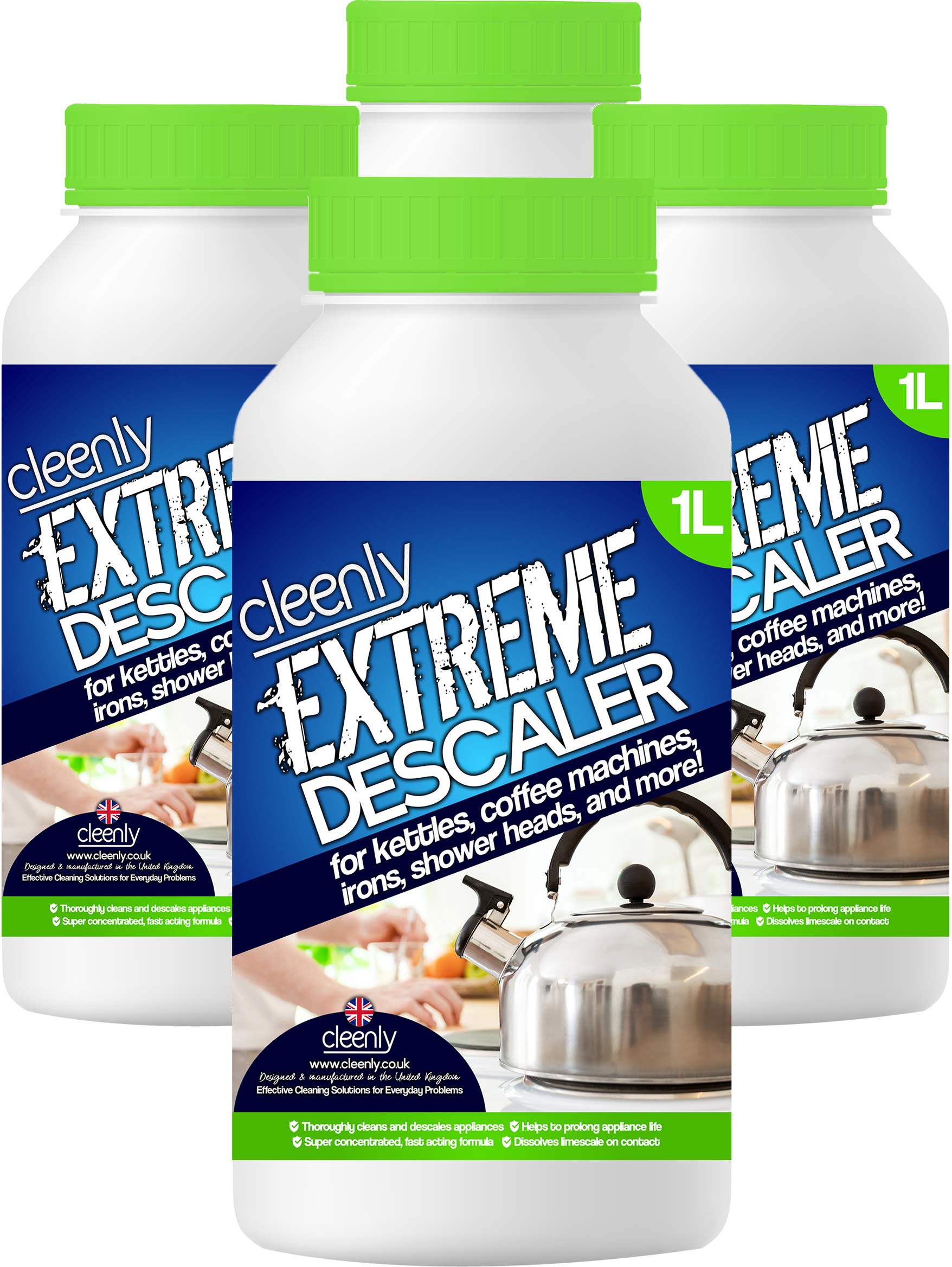CleenlyExtreme Descaler for Kettles, Coffee Machines, Shower Heads, Irons, and More! (4 x 1 Litre) - Super Strong Descaler Liquid