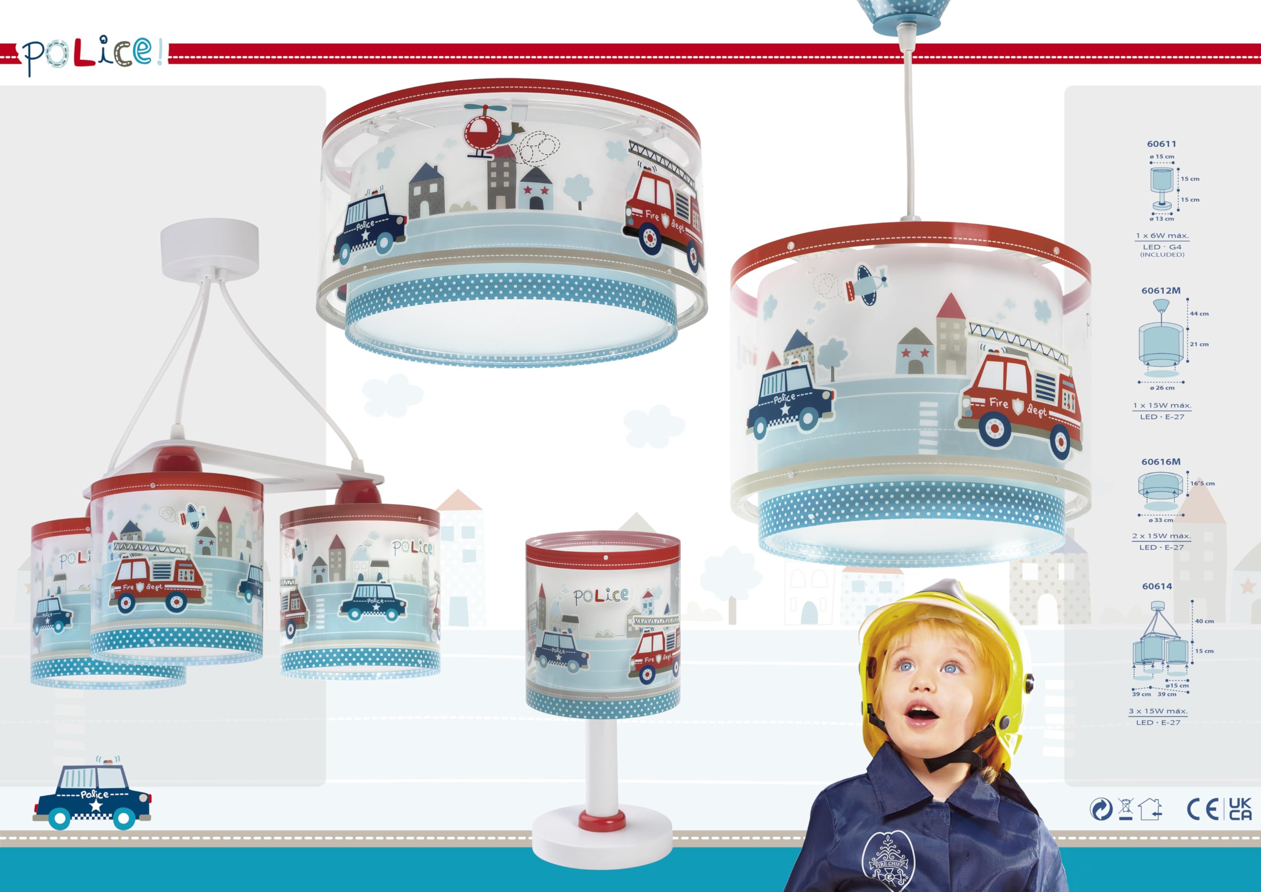 Lampada da soffitto a sospensione per bambini Dalber Police, con auto della polizia e camion dei pompieri, 60612M, E27, lampade per bambini, cameretta dei ragazzi.