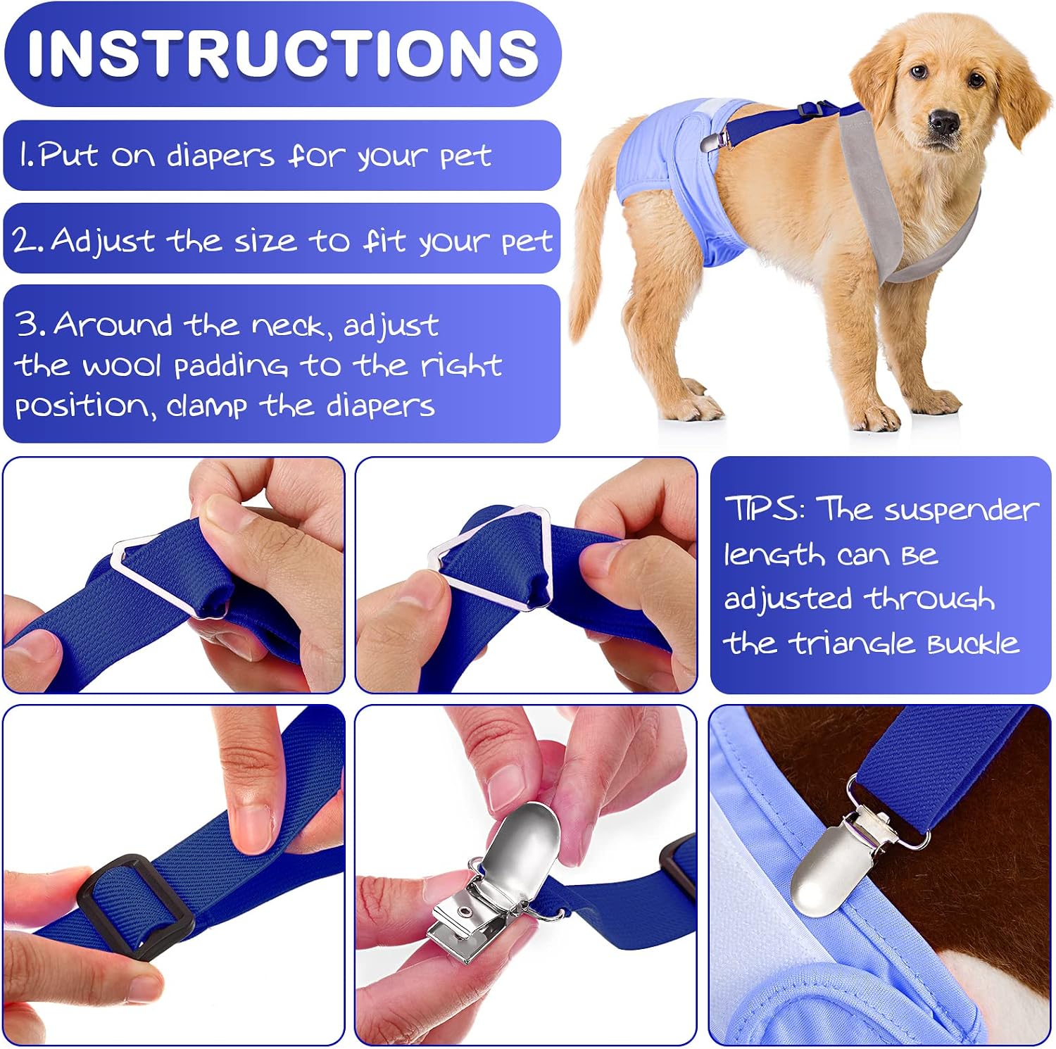 Saintrygo 2 Dog Suspenders Diaper Soft Adjustable, Black, Blue, Medium