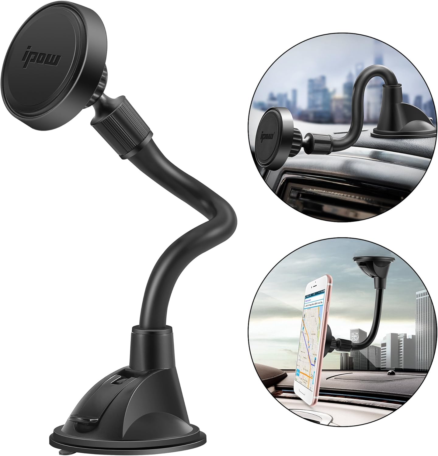 IPOW Long Arm Universal Magnetic Cradle Windshield Dashboard Cell Phone Mount Holder with 4 Metal Plates, Soft Firm Goose Arm & Enhanced Suction Cup : Cell Phones & Accessories