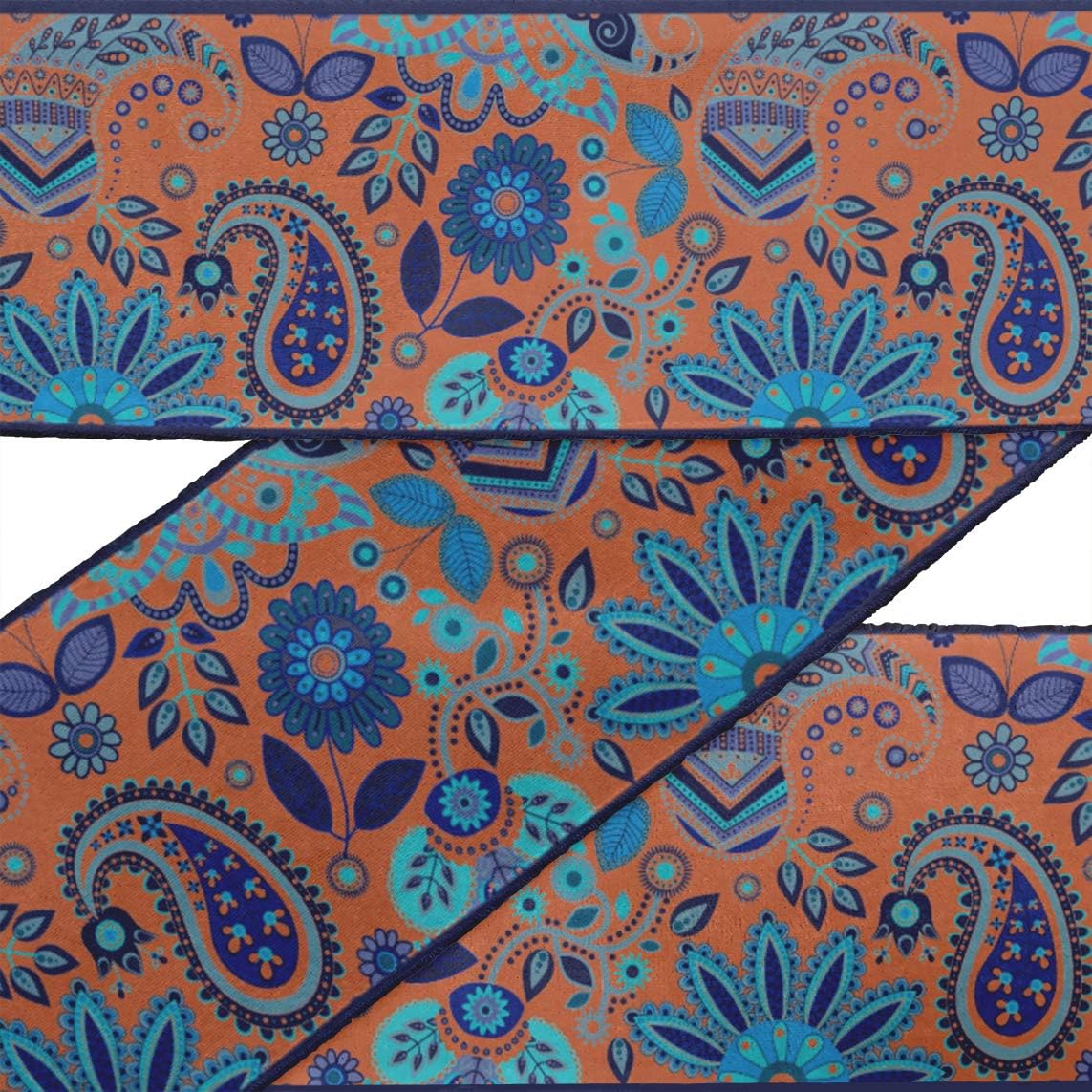IBA Indianbeautifulart Orange Leaves & Floral Paisley Fabric Laces for Crafts Printed Velvet Trim Fabric Sewing Border Ribbon Trims 9 Yards 4 Inches