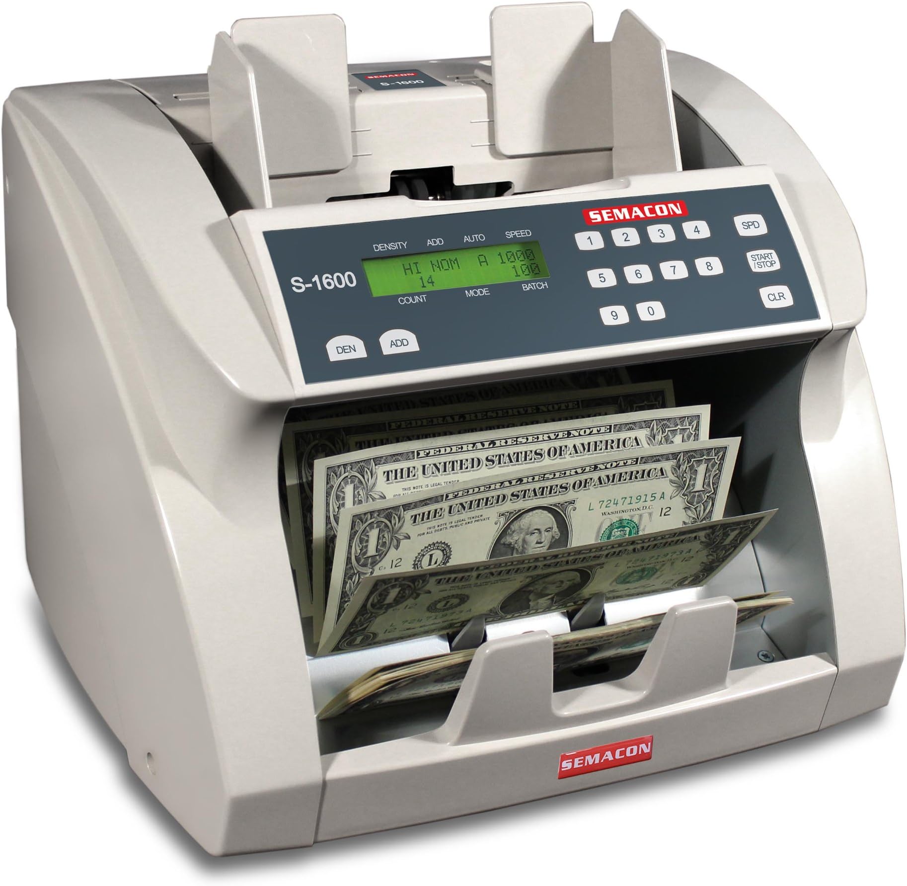 Semacon S-1600 Ultra High-Speed Premium Bank Grade Currency Counter; Counting Mode, Adding Mode and Memory; 1000/1200/1500/1800 Notes per Minute; 10 Keys/1-999 Range Batching