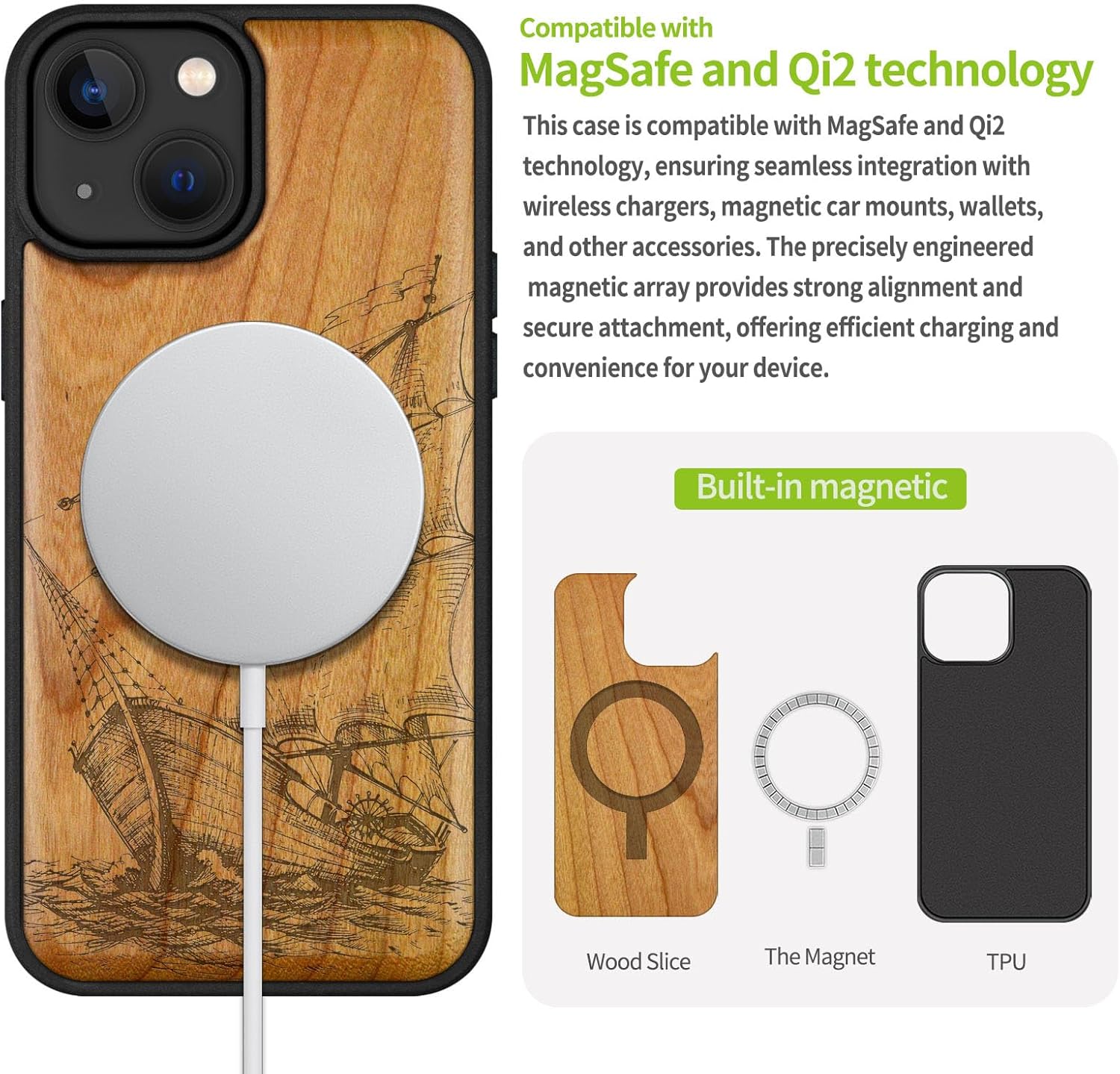 Carveit Magnetic Wood Case for iPhone 14 Case [Natural Wood & Black Soft TPU] Unique & Classy Wooden Shockproof Protective Cover Compatible with magsafe (Timeless Sailing Ship -Cherry)