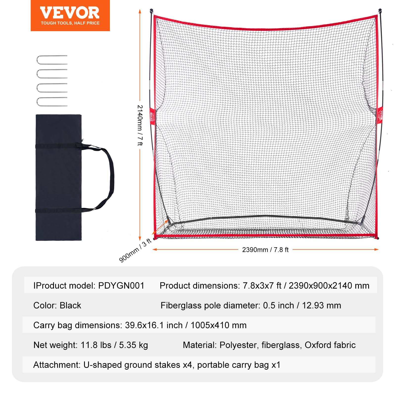 VEVOR Red de Práctica de Golf 2390x900x2140 mm Marco de Fibra de Vidrio Portátil con Bolsa de Transporte