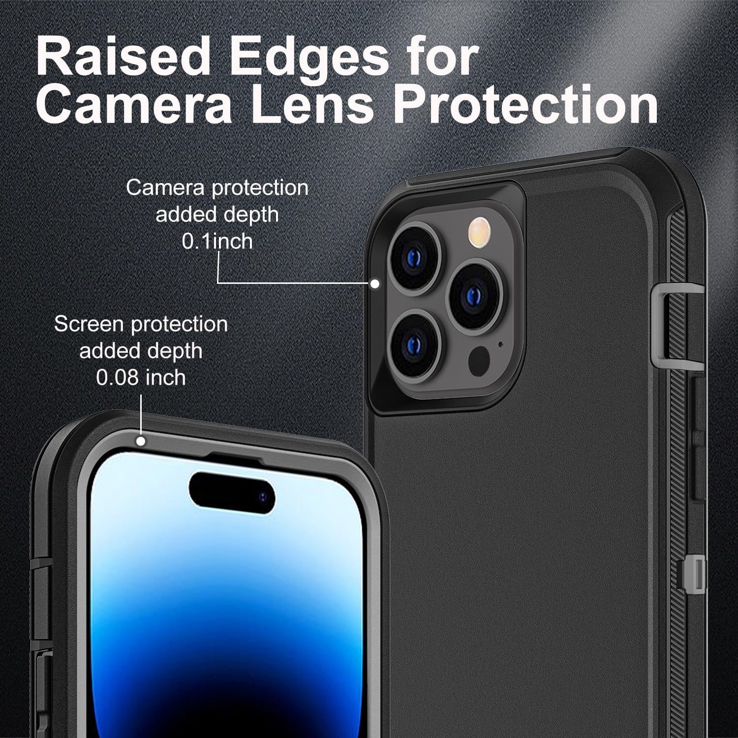 for iPhone 14 Pro Case, Military Grade 3 in 1 Heavy Duty Shockproof/Drop Proof/Dust Proof Case with 2Pcs Tempered Glass Screen Protector (Black/Grey) - Image 3