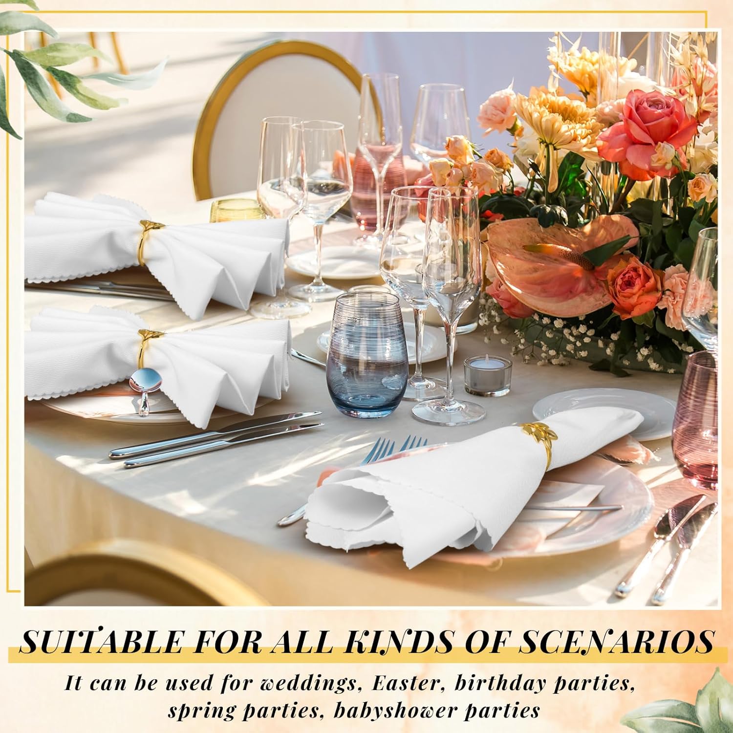 SiliFine Set of 12 White Cloth Napkins Washable Napkin Cloth 17" x 17"and Metal Gold Leaf Rings Table Decor for Wedding Thanksgiving Autumn Fall Christmas Birthday Dinner Party