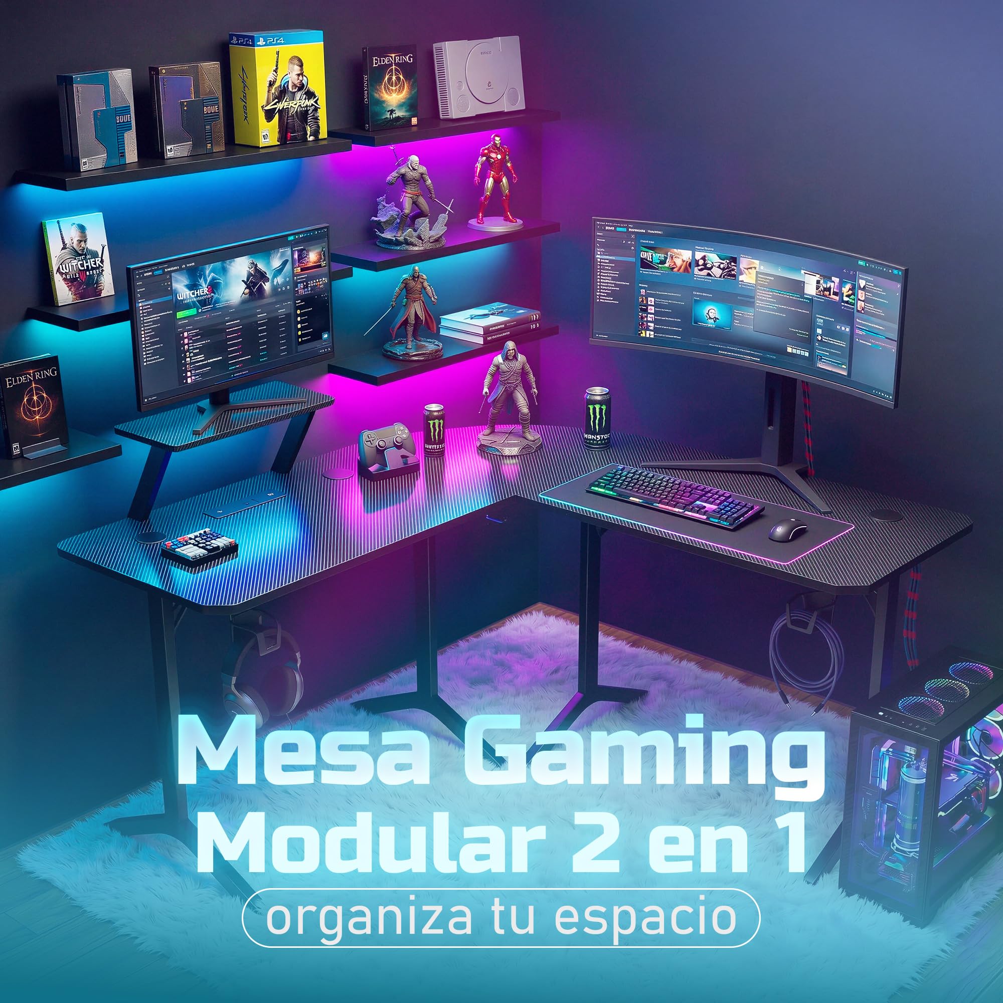 Unicview Escritorio Esquinero o Lineal 2 en 1 para Gaming y Oficina, Mesa en L Modular 146x146 cm con Soporte Monitor, Mesa Esquina o Lineal Multifunción para Home Office y Setup Gamer