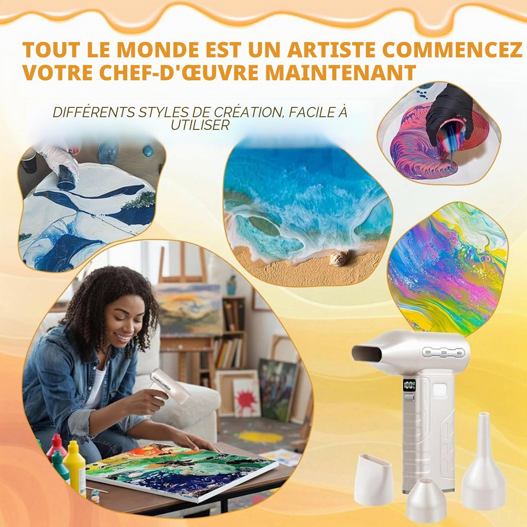 Mini souffleur verseur sans pour peinture artistique fluide avec 3 buses, 5 vitesses de réglage de la vitesse, mini souffleur verseur en acrylique pour art fluide, peinture acrylique