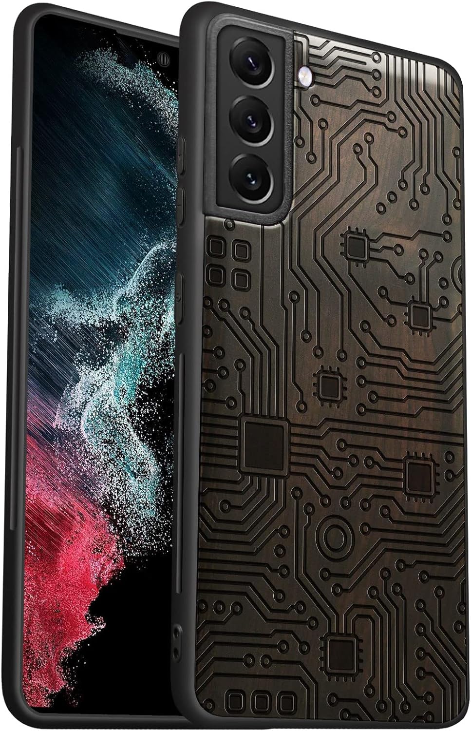 Carveit Wood Case for Galaxy S21 FE Case [Natural Wood & Black Soft TPU] Shockproof Hybrid Protective Unique Wooden Cover Compatible with Samsung S21 FE 5G (Motherboard-Blackwood)