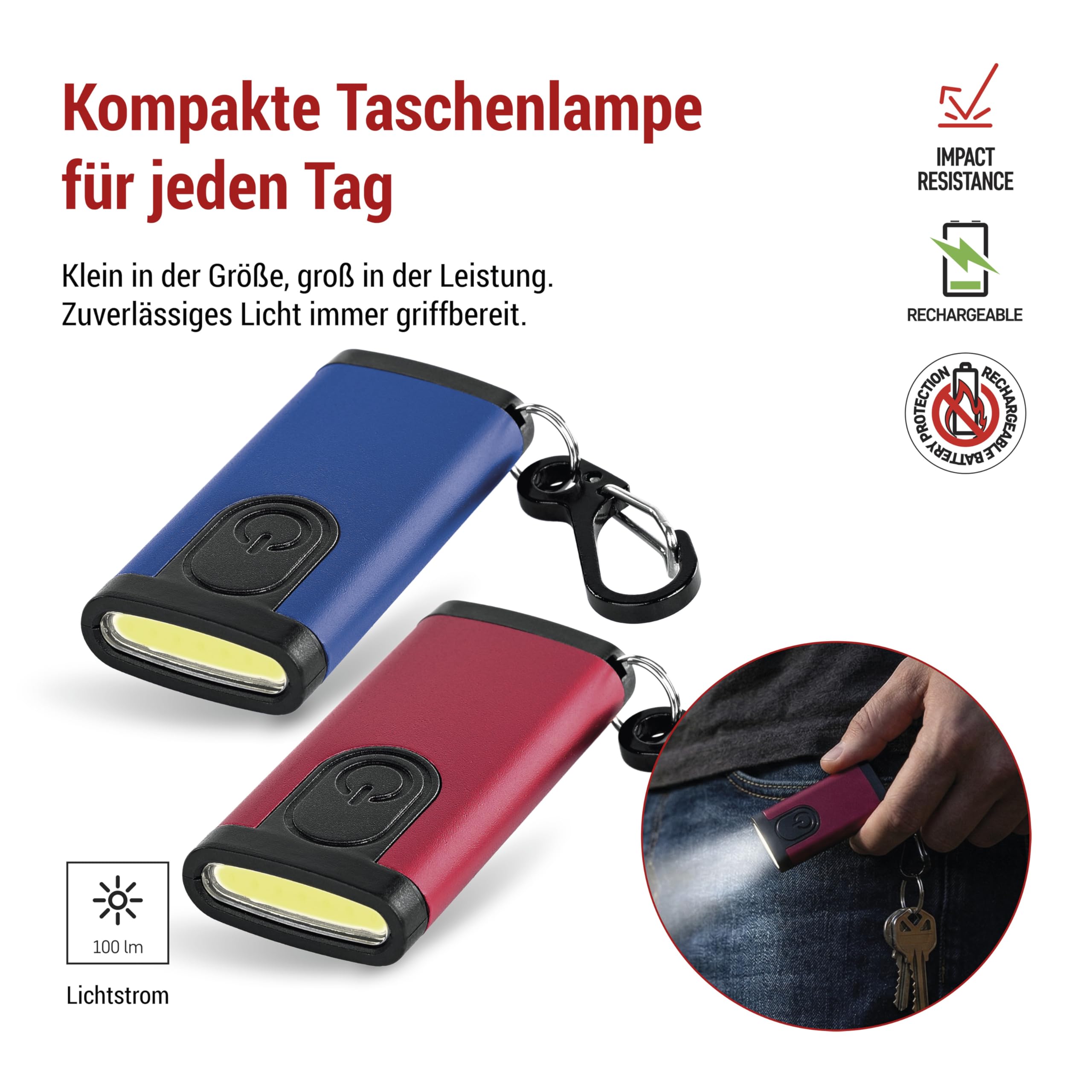 EMOS - Linterna LED recargable con clip en 2 colores cada 6 unidades – 3 modos de luz - Flujo luminoso de 100 lm, alcance de 20 m - Batería Li-pol de 200 mAh 3,7 V – 4,5-8 h de uso - Incluye cable de