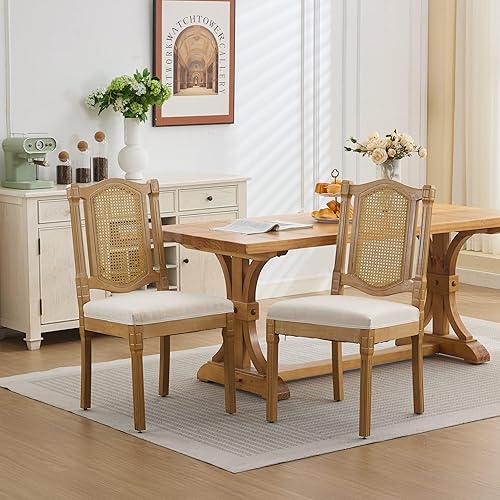 French Style Solid Wood Frame Dining Chairs, Hand-Pulled Buckle Decor PU Leather with Nailhead Trim, High Back Dining Room Chairs Set of 2 for