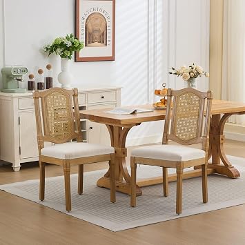 Full Solid Wood Dining Chair with Rattan Back, Beige Linen Cushion, High-Resilience Foam & S-Springs, Classic Rustic Style for Dining Room, Cafe, Kitchen Set of 2