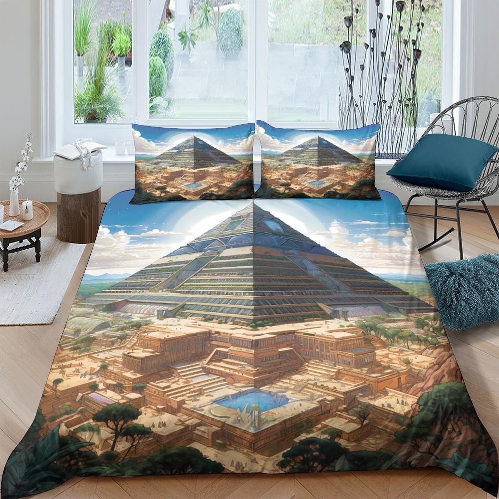 GPLZQXKJNH 3D Printed Pyramid Desert Duvet Cover Microfiber Soft Breathable Landscape Quilt Cover Set with 2 Pillowcases for Bedroom Decor Single（135x200cm）