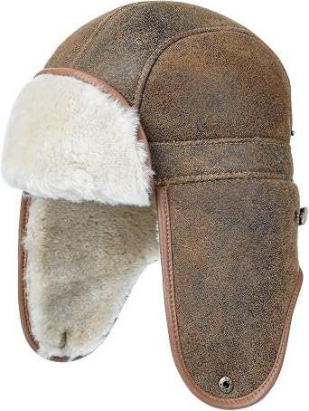 Harssidanzar Aviator Trapper Hat for Men Women Sheepskin Shearling Leather Fur Winter Warm Hat CU610US