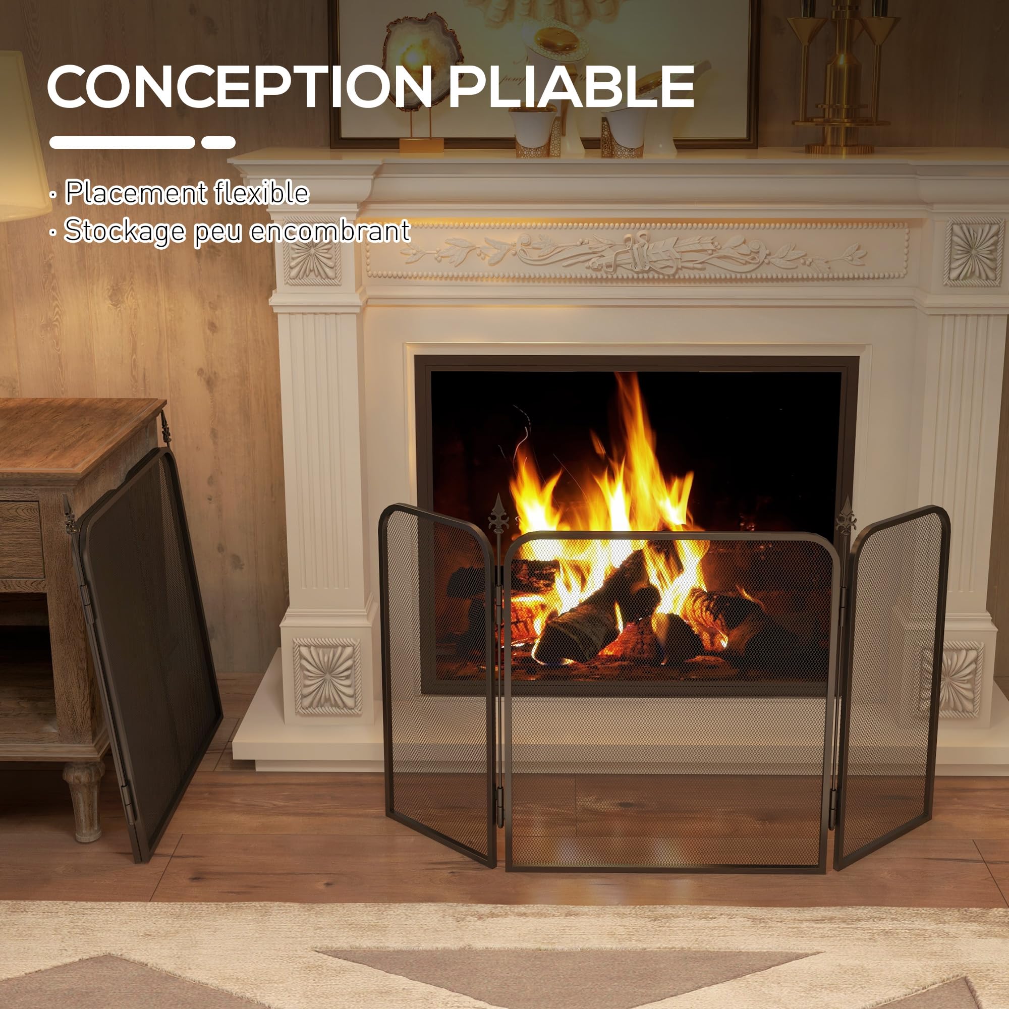 HOMCOM Pare feu cheminée Pliable 3 Panneaux, Pare-étincelles, Grille de Protection en Maille de métal 96x1,3x56 cm Noir