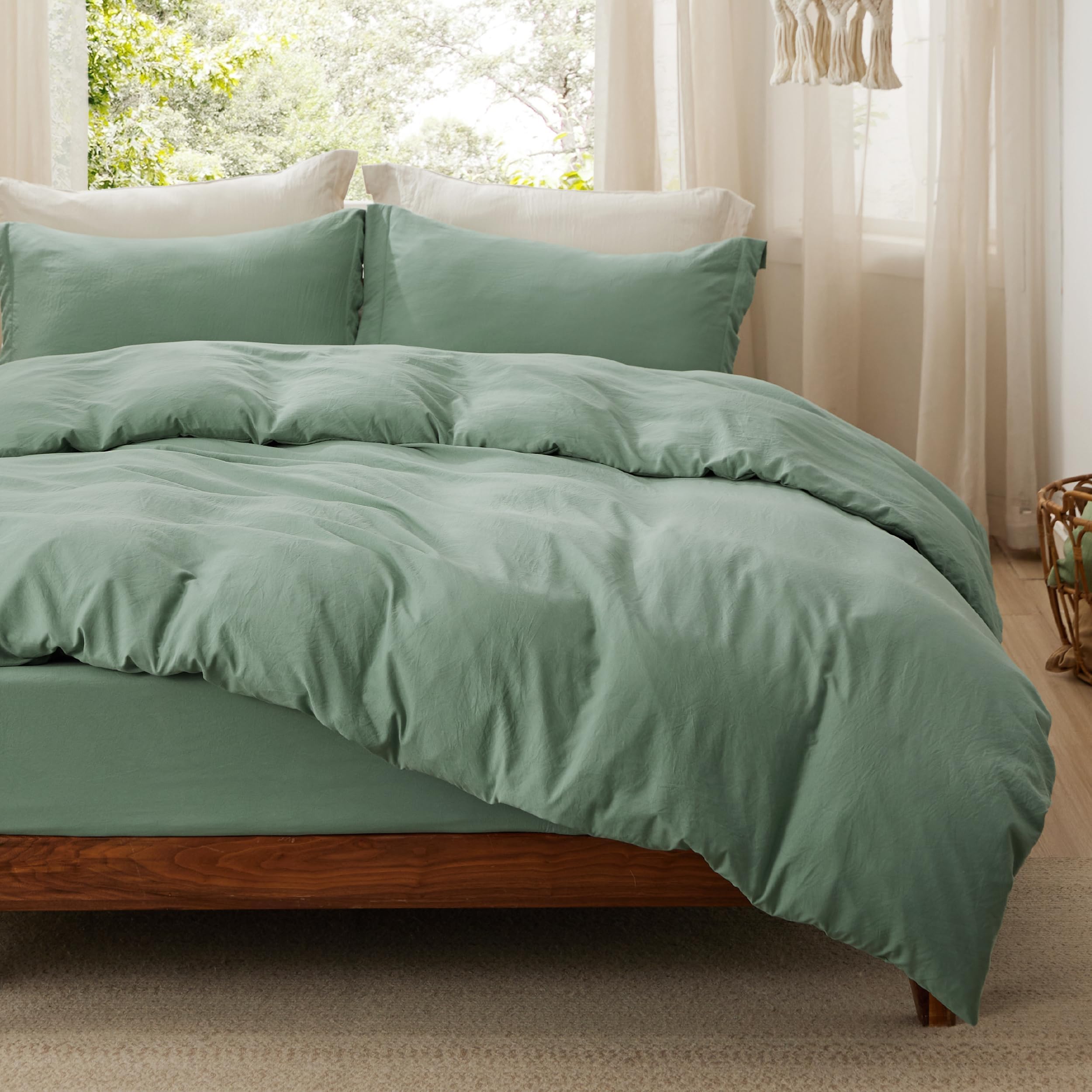 Duvet Cover King Size with Fitted Sheet - 4 Pieces Prewashed Cotton-Like Polyester Extra Soft Bedding Set, Includes 1 Duvet Cover 104x90 Inches, 2 Pillow Shams, 1 Fitted Sheet, Sage Green