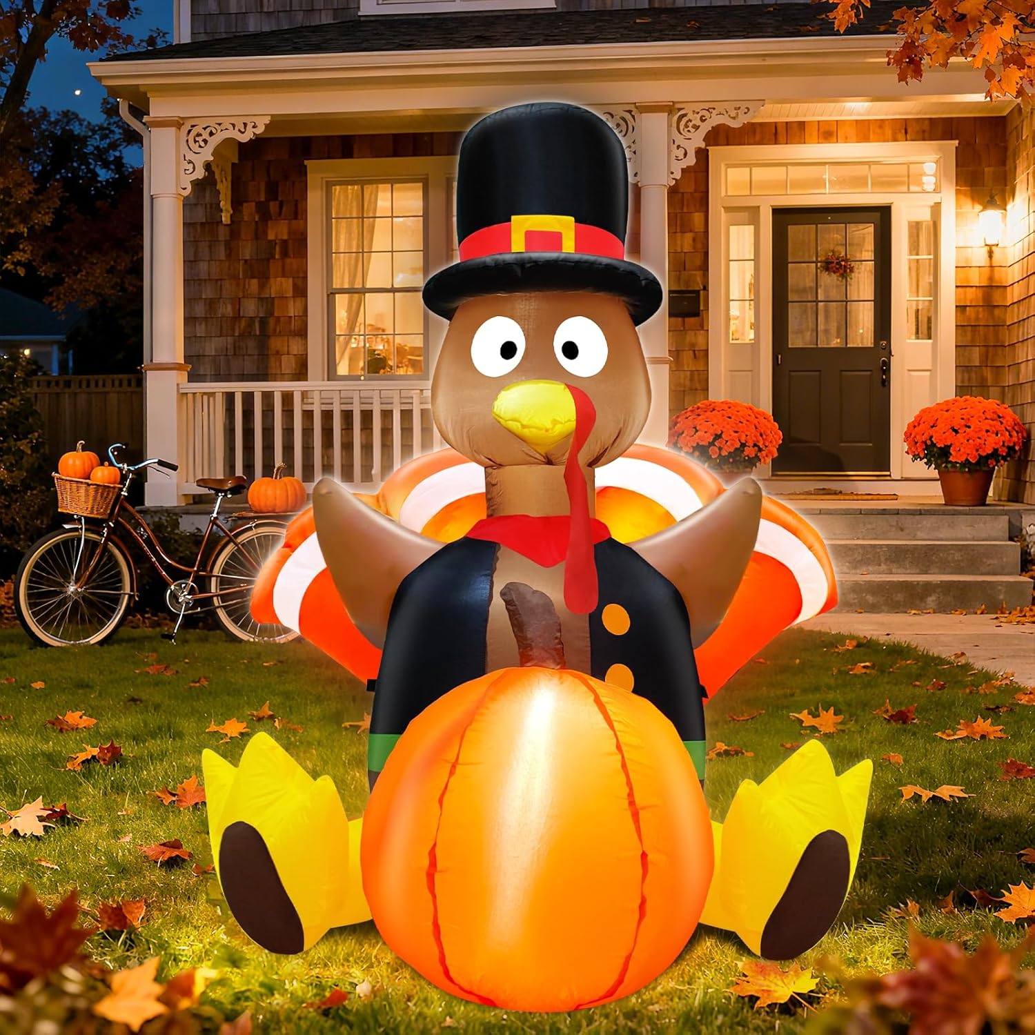 4 Foot Turkey Inflatable Thanksgiving Inflatables Outdoor Decorations Blow Up Turkey with Pumpkin Built-in LEDs Fall Thanksgiving Decorations for Home Outside Yard Lawn Garden Holiday Party