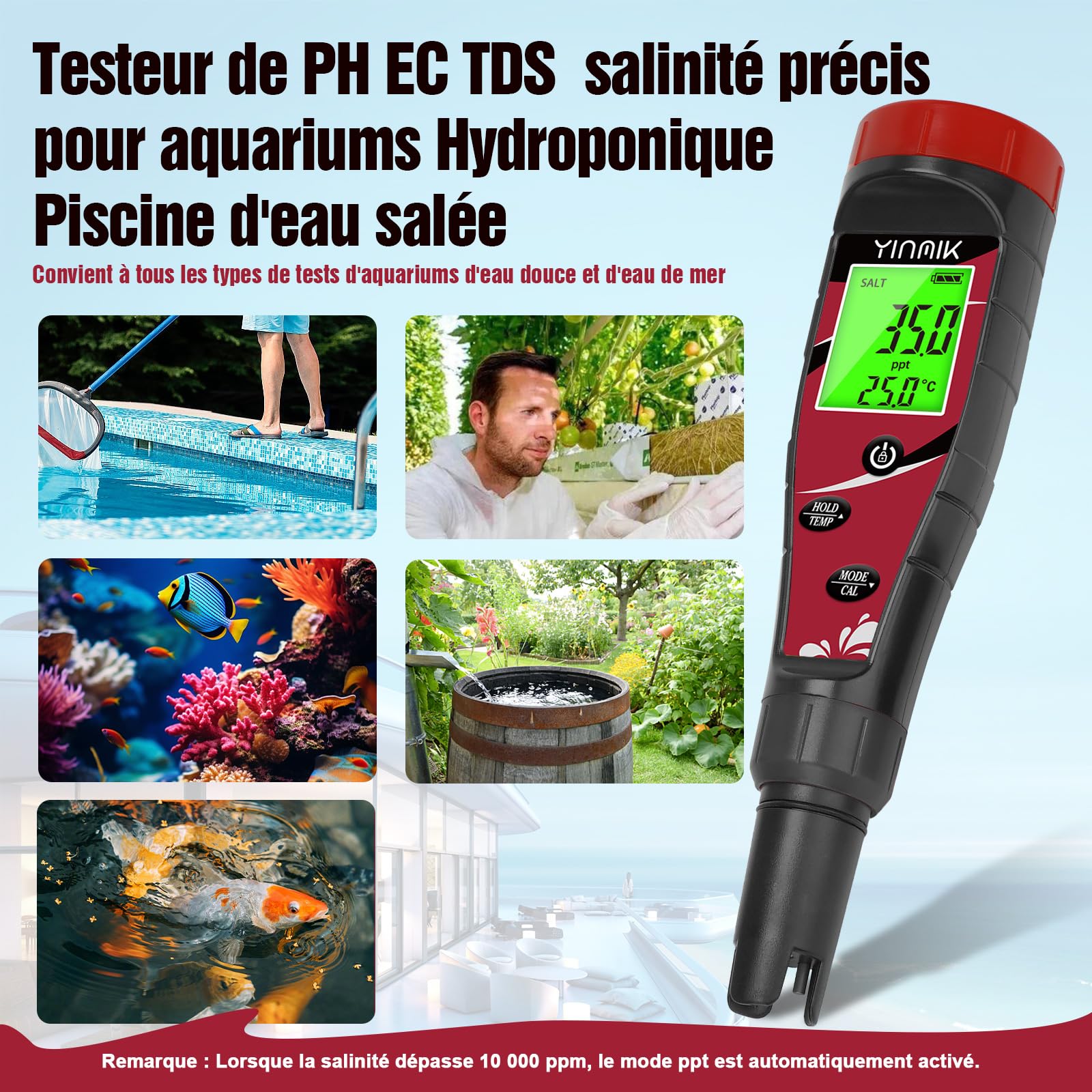 YINMIK 7 en 1 Professionnel pH Mètre Piscine Chlore Sel, Électronique pour Aquarium, Hydroponie et Eau de Piscine, Mesure pH, EC et TDS