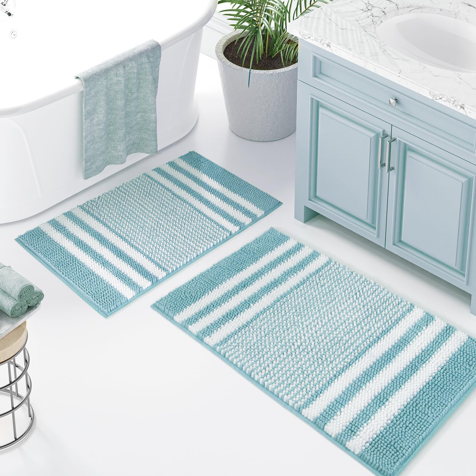 Tindbea Bathroom Rugs Set 2 Piece, Extra Soft and Absorbent Fluffy Striped Chenille Bath Mat Rug Set, Non Slip Bathroom Floor Mat, Machine Washable (20" x 32" Plus 16" x 24", Blue)