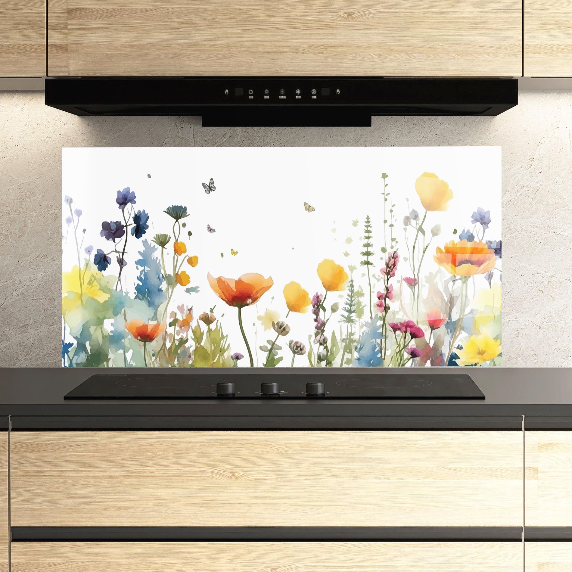 ARTHUB® Crédence de Cuisine en Verre 60x150 cm, Watercolor Spring Flowers | Protection Contre Les éclaboussures, Revêtement Mural en Carreaux, Plaque en Verre, Verre trempé, Paysages, Printemps