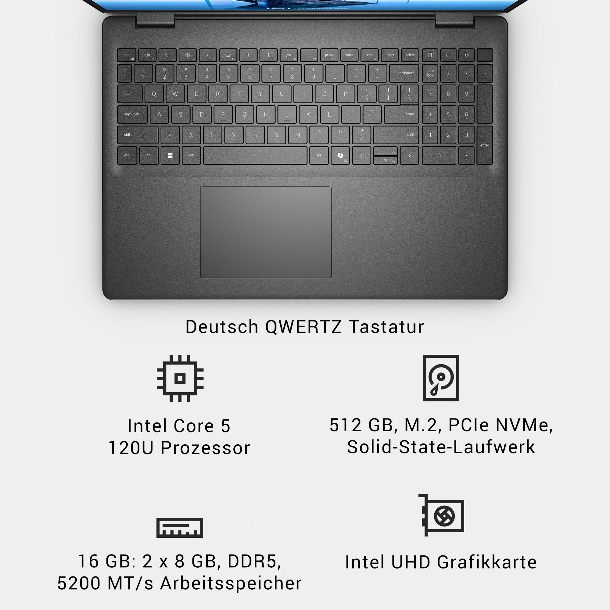 Dell 16 Laptop FHD+ 1920x1200 Intel Core 5 16GB DDR5 RAM 512GB SSD Windows 11 Home QWERTZ Keyboard Fingerprint Sensor Black