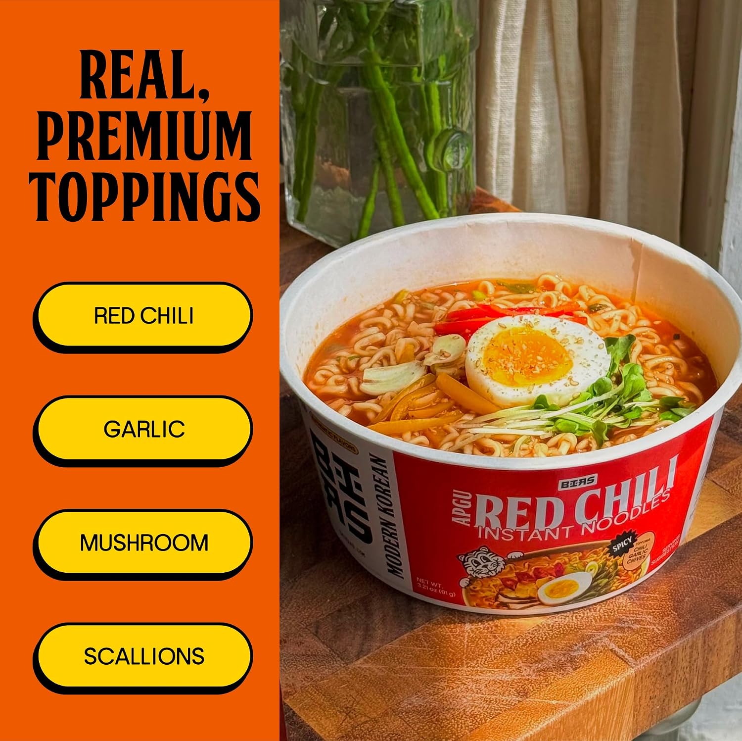 BIAS Apgu Red Chili Instant Noodles - Spicy Korean Ramen with Premium Toppings, Vegan, Air-Dried, Low Calorie (320 Cal) - 6 Pack