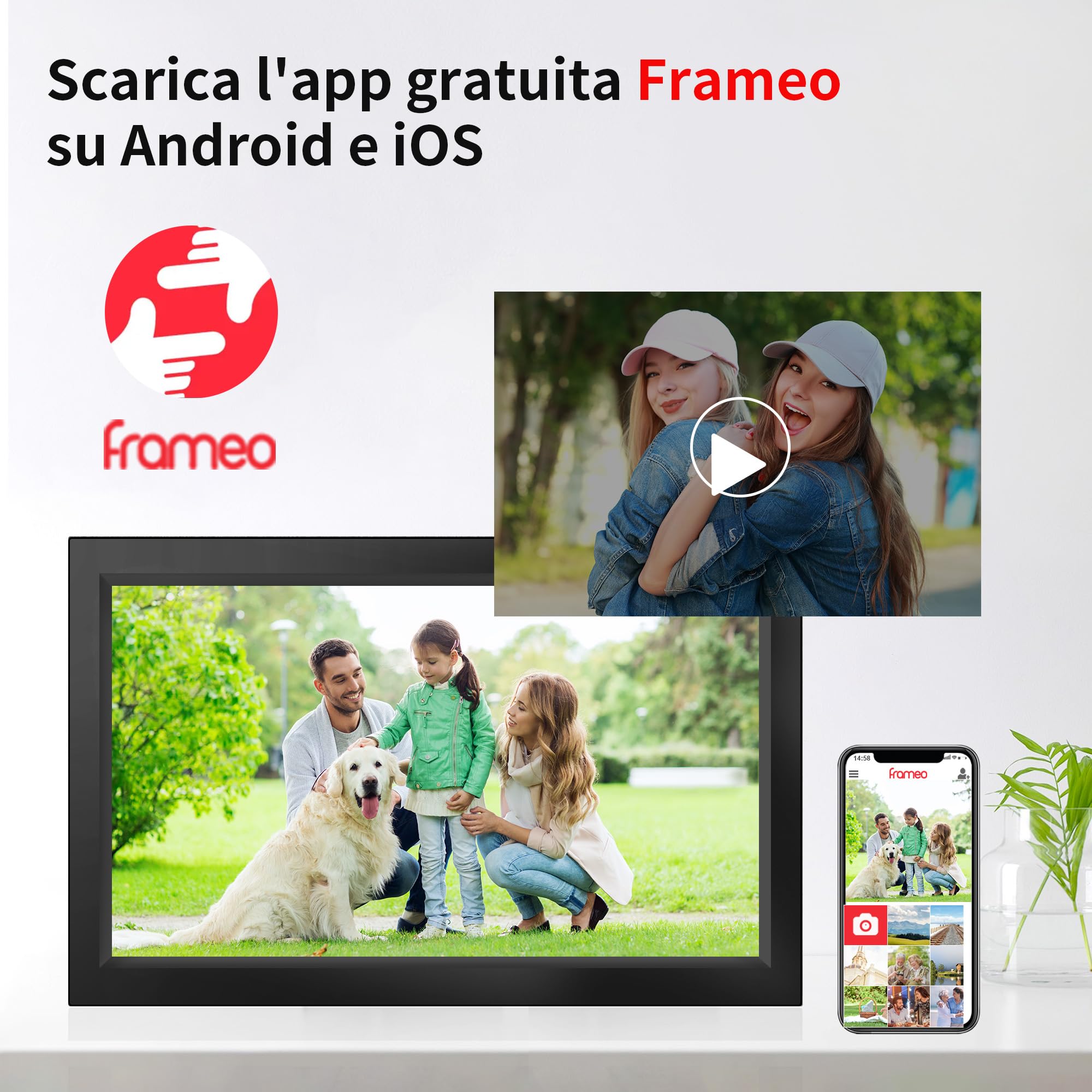 Veidoo Cornice Digitale WiFi 15,6" Touch IPS 1080p – 32GB Integrata, Rotazione Automatica, App Frameo, Supporta MicroSD 128GB, Montaggio A Parete