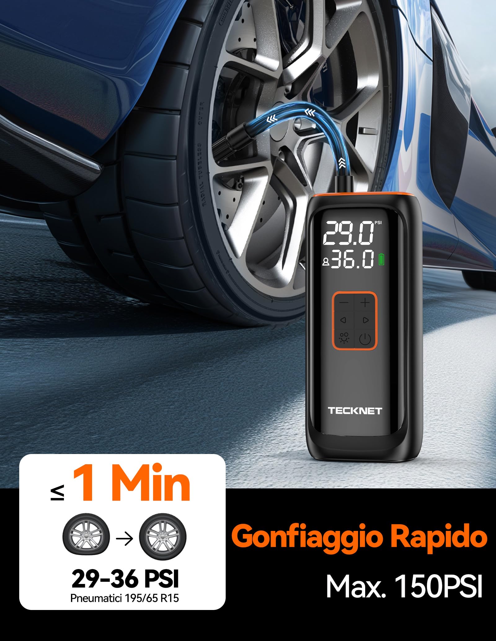 TECKNET 6000mAh Compressore Aria Portatile, 150 PSI Mini Compressore auto con Batteria Ricaricabile, Pompa per Bicicletta, compressore d'aria con manometro per auto, biciclette, moto, palle