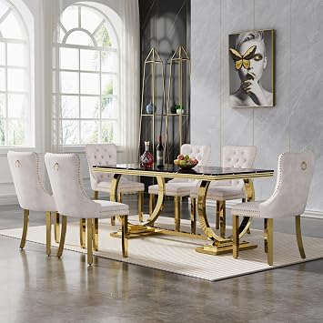 7 Piece Marble Dining Table Set for 6, 68.11" Black Gold Kitchen Dining Room Table and Beige Chairs Set for 6, Modern Large Dinner Table Set for 6 with O-Shape Stainless Steel Base for Dining Kitchen