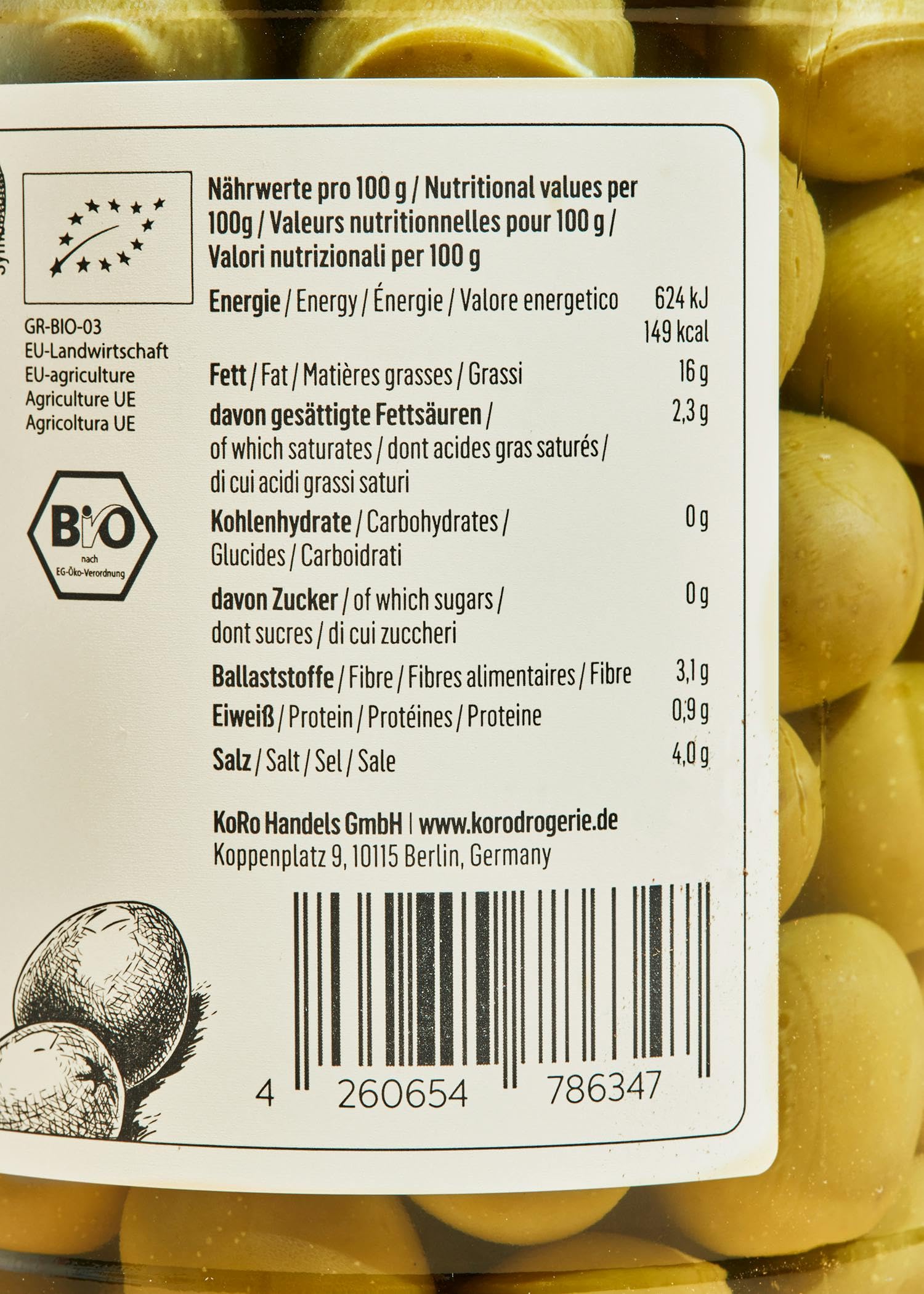 KoRo - Olives vertes Bio avec noyau 6 x 400 g - Sans conservateurs - Goût piquant intense - Grand format
