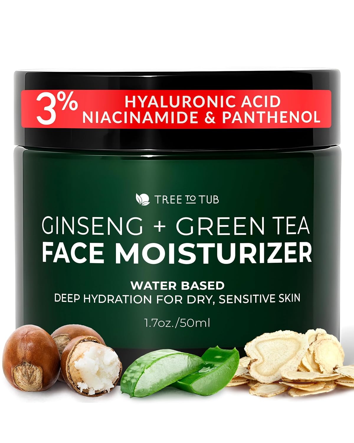 Tree to Tub Hydrating Face Moisturizer for Dry & Sensitive Skin – Water Based Hyaluronic Acid Facial Moisturizer, Moisturizing Face Cream for Women & Men w/Organic Aloe, Green Tea, Natural Ginseng