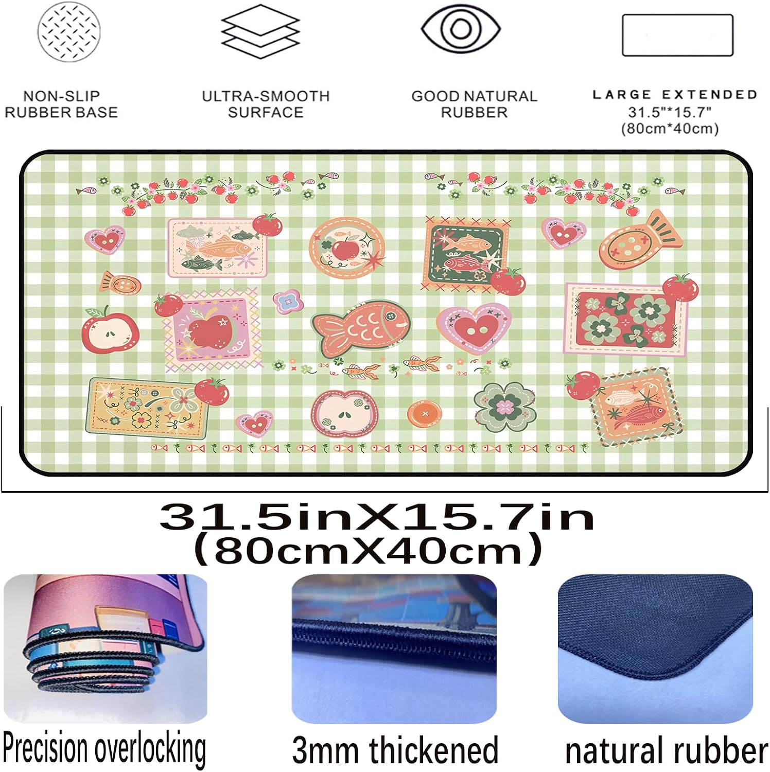 Mouse Pad Cute, Green White Checkered Desk Pad, Retro Gaming Desk Mats, Large Mousepad Laptop Keyboard Mouse Mat, Funny Food Girls Office Desktop Decor Accessories, for Women 31.5"X15.7" image 2