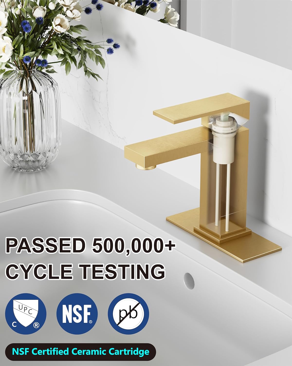Midanya Bathroom Faucets 1 Hole, Single Handle Stainless Steel Bathroom Sink Faucet, Modern Vanity Faucets with Deck Plate,Water Supply Hoses and Pop Up Drain,Brushed Gold