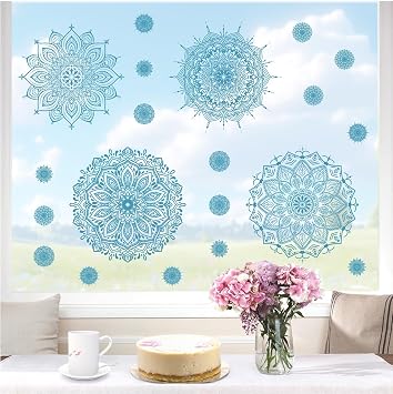 Kazova Large Mandala Window Clings & Wall Stickers Blue Lotus Decals Removable Peel and Stick for Bedroom Living Room Yoga Mandala Home Decor