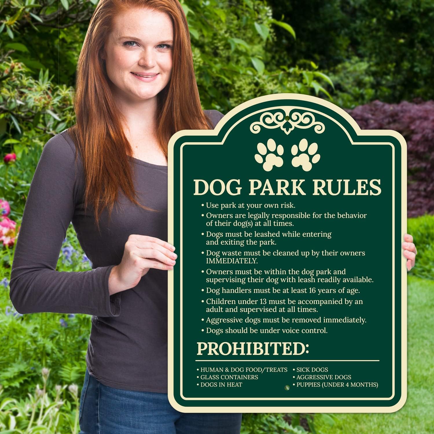 Use Park at Own Risk Dogs Must Be Leashed Waste Must Be Cleared Décor Sign, Green Dark, 18x24 Inches, ACM, Fade Resistant, Made in USA