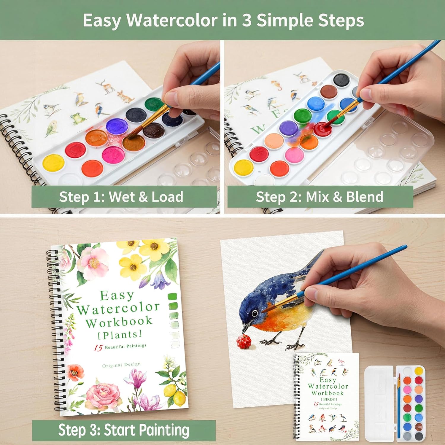 SLWBZ Watercolor Workbooks Set, 2 Books Different Themes Exquisite Workbook with Detailed Steps, 16 Colors of Palette and 2 Wooden Soft Brushes，Beginner-Friendly Watercolor Workbooks, Plants&Birds