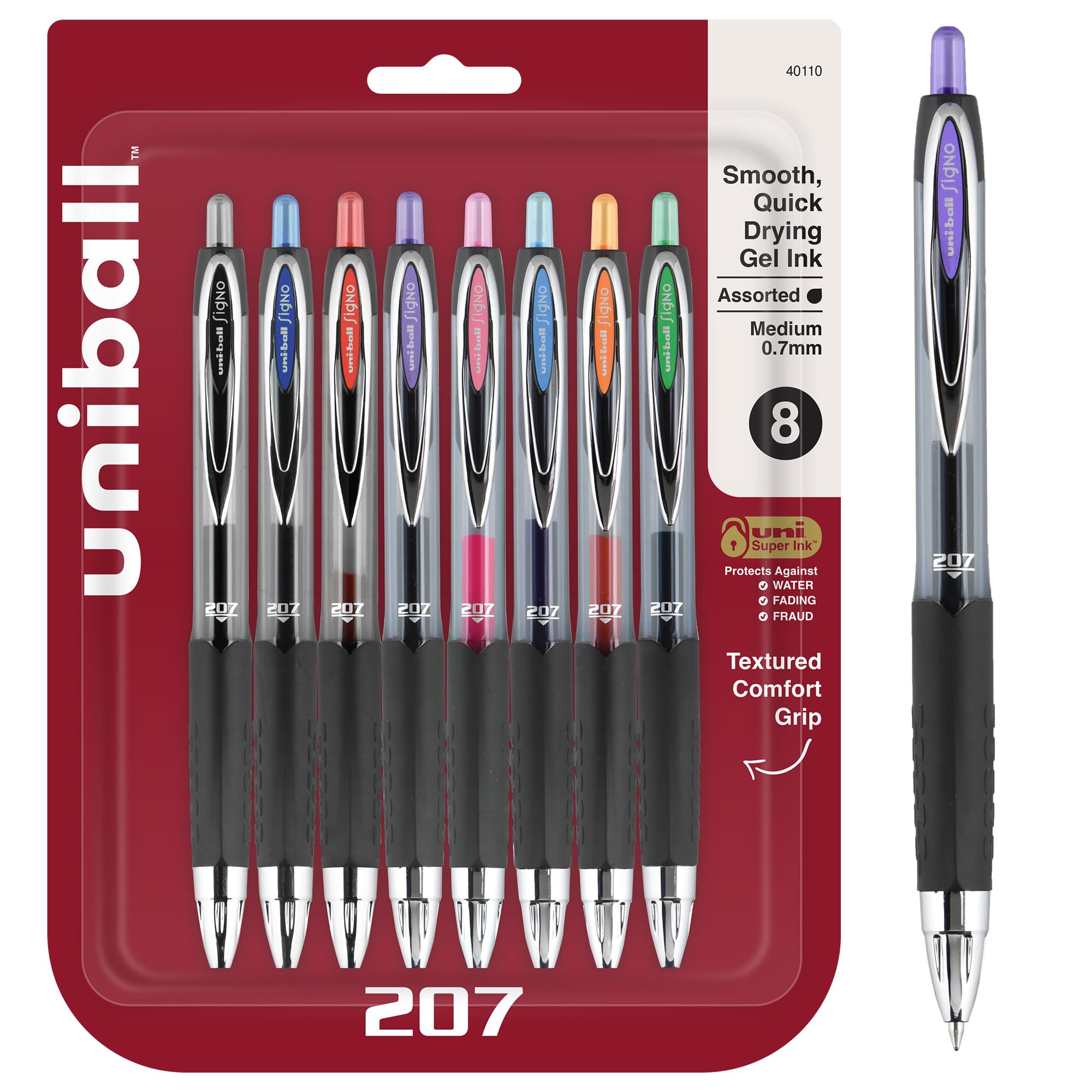 uniball 207 Retractable Gel Pens, Medium Point (0.7mm), Assorted, 8 Pack
