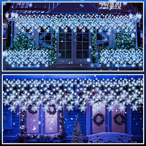 Miniatura 4 de Gazebo - Luces solares de carámbano para decoración al aire libre, luz blanca fría, luz de copo de nieve, luz impermeable para patio, 49.21 pies,