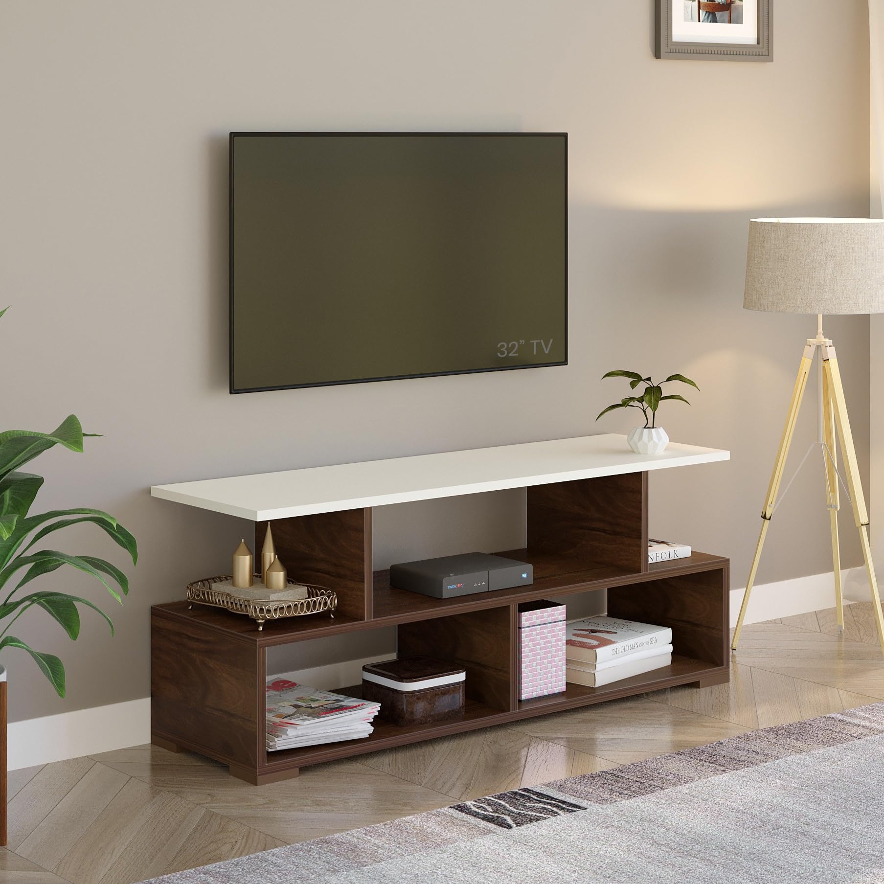 BLUEWUD Victor Engineering Wood Floor Standing TV Entertainment Unit Set Top Box Stand/TV Cabinet with Shelves for Books & Décor Display Unit Bed Living Room Upto 43 inches (Brown Maple & White)-image-18