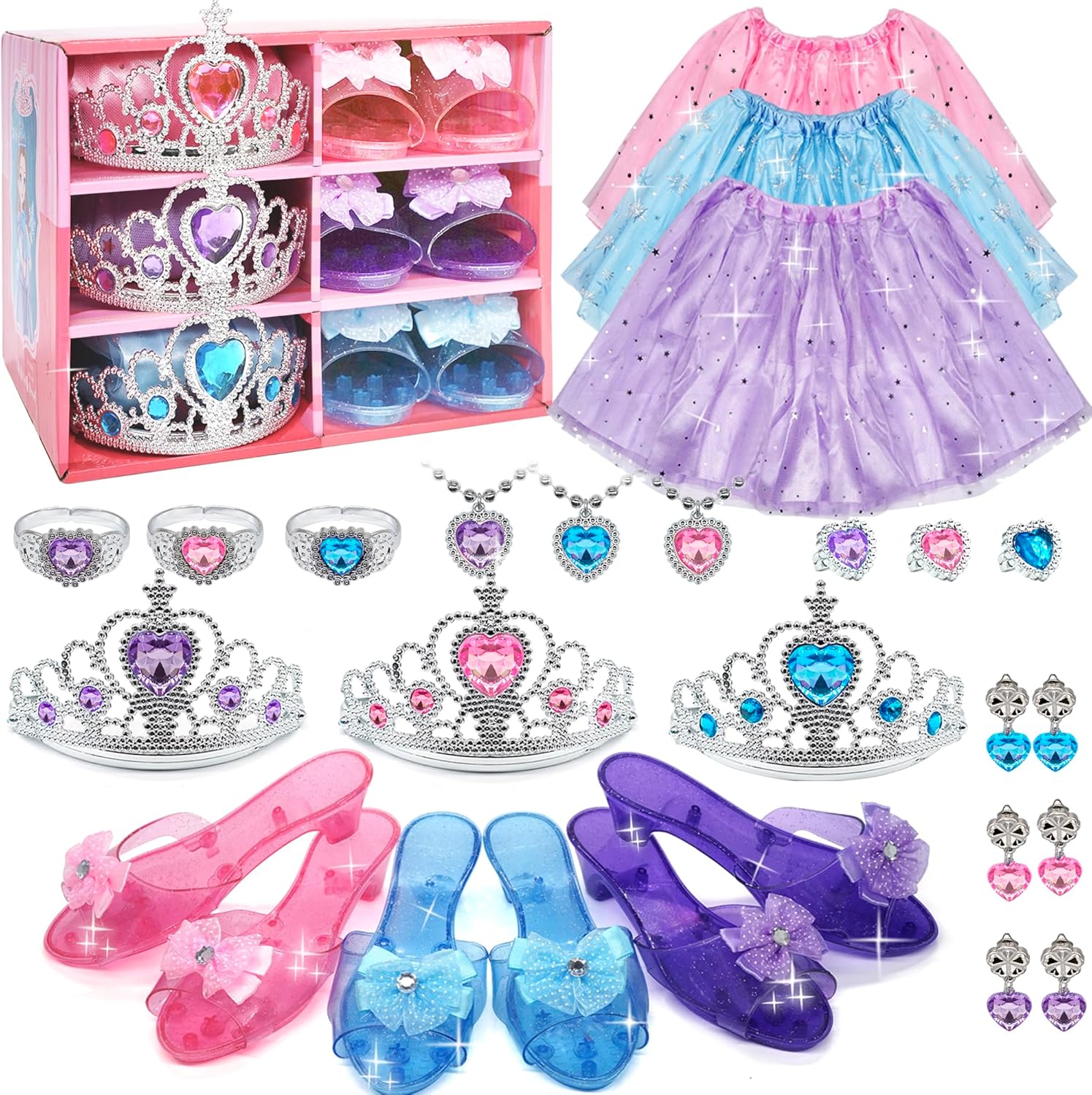 Princess Dress Up for Girls - Toddlers Clothes with Skirts, Shoes, Crown & Play Jewelry, Princess Costume Toys for Girls Age 3,4,5,6 Year Old, Kids Shoes Role Play Gift Idea for Birthday Christmas