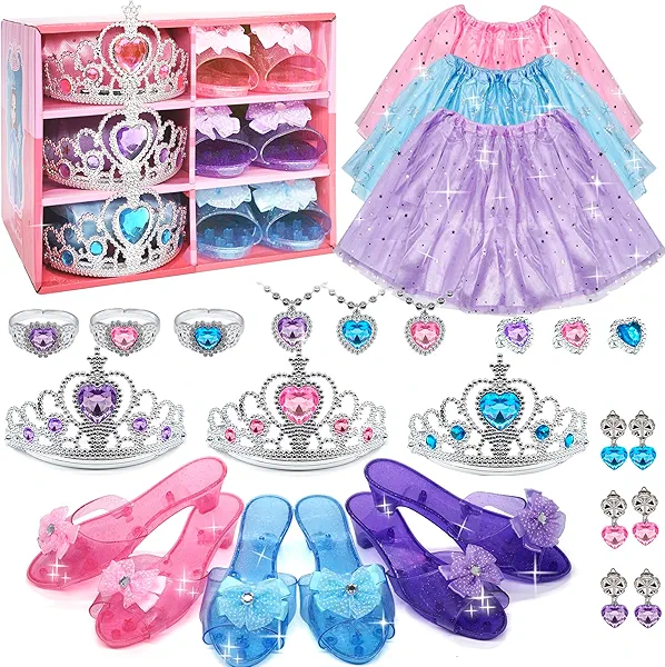 Princess Dress Up for Girls - Toddlers Clothes with Skirts, Shoes, Crown & Play Jewelry, Princess Costume Toys for Girls Age 3,4,5,6 Year Old, Kids Shoes Role Play Gift Idea for Birthday Christmas