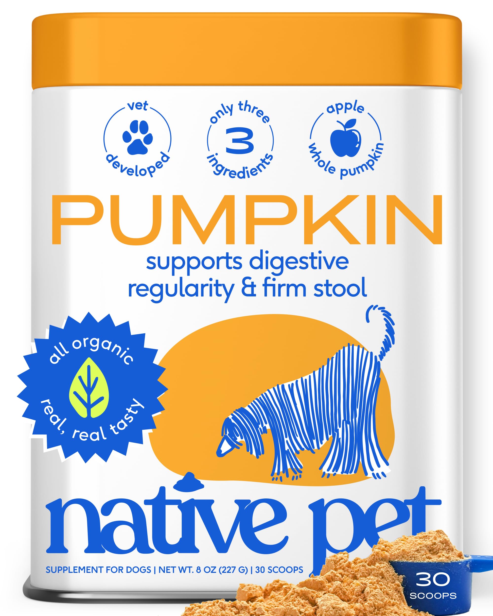 Native Pet Pumpkin for Dogs - Organic Dog Food Topper Powder - Promotes Firm Stools, Supports Digestive, Bowel Health & Nutrient Absorption - USDA Organic, Rich in Fiber with Real Pumpkin - 30 Scoops Pumpkin Powder 30 Count