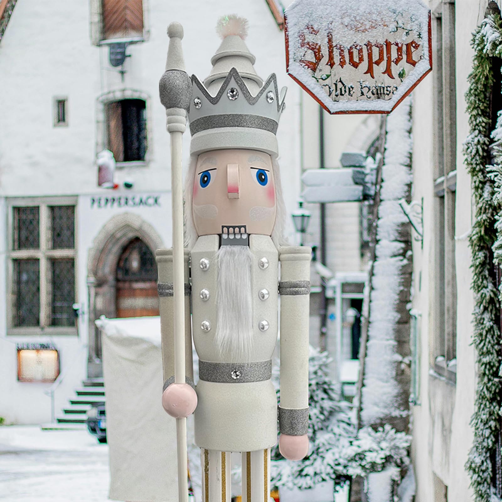 CDL 150cm 60" 5Ft Tall Life-Size Large/Giant White Glitter Christmas King On Stand Holds Scepter For Indoor Outdoor Xmas/Event/Wedding Decoration(5 Feet, King K30)