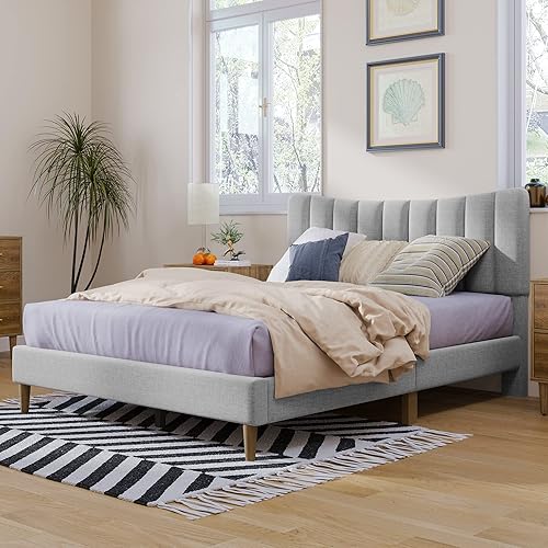 Merax Moderna base de cama tapizada con respaldo de alas, cama de plataforma de madera de almacenamiento con cabecero, no necesita somier, color
