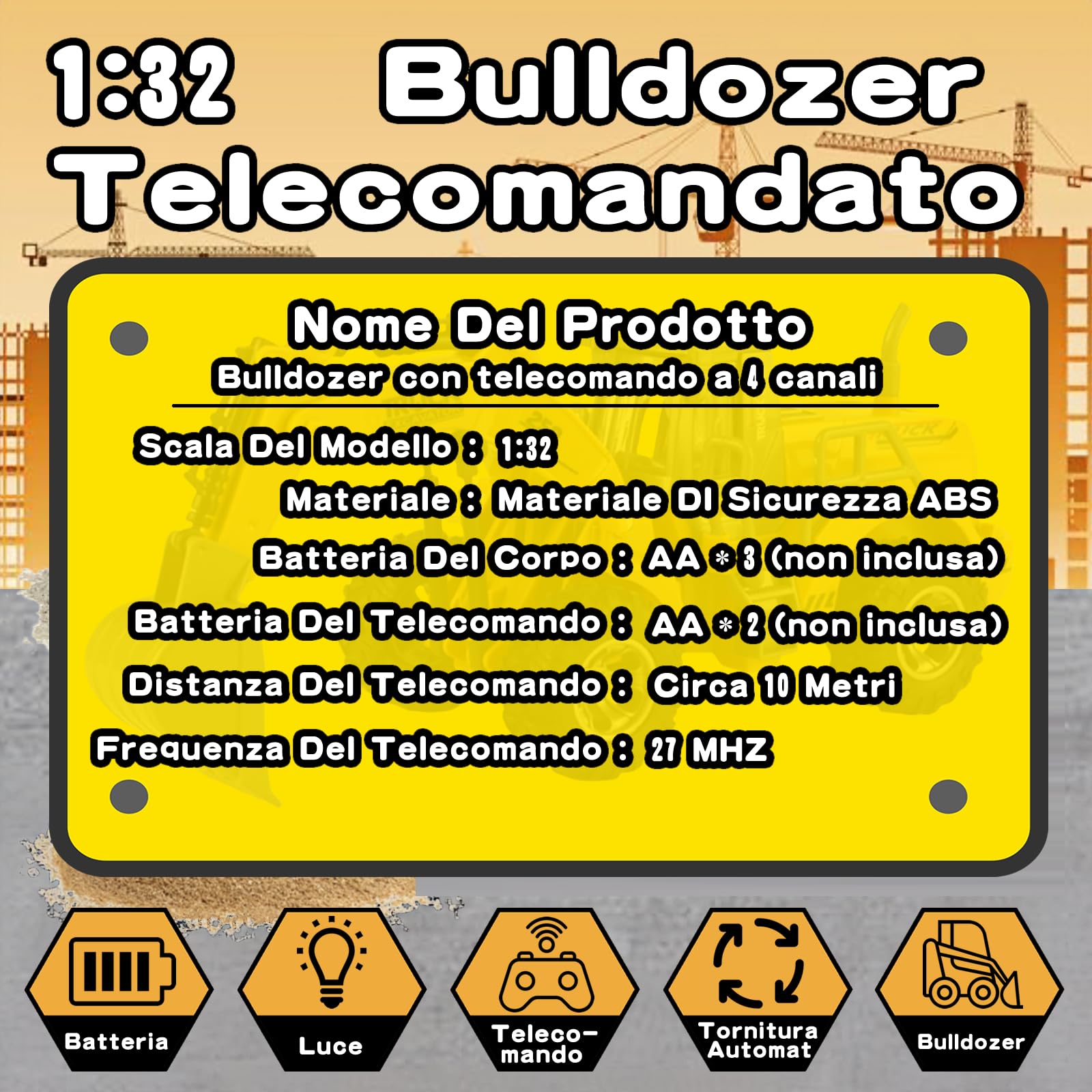 1:32 veicoli da cantiere telecomandato giocattolo,con luci lampeggianti,completamente funzionante Telecomando,Trattore Ruspa Giocattoli per bambini,per Regali Per Bambini (Bulldozer)