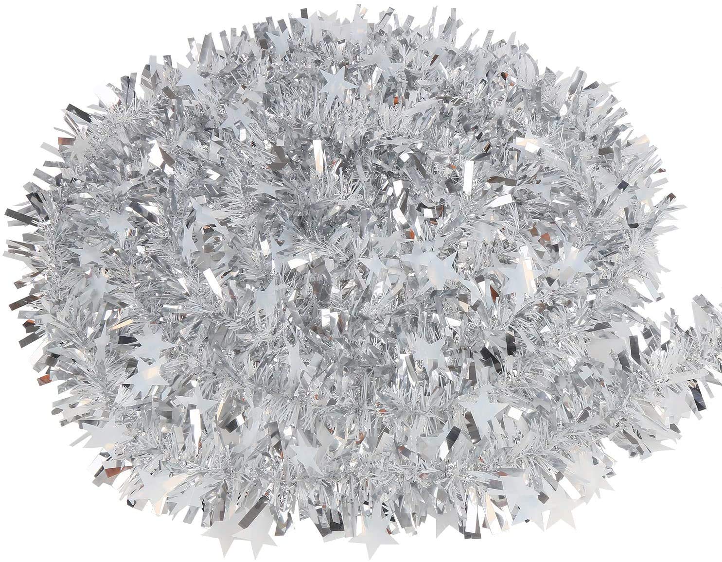 Guirnalda de espumillón para Navidad, Guirnalda de oropel navideña Rosa de 6M for árbol de Navidad(Silver Tinsel)